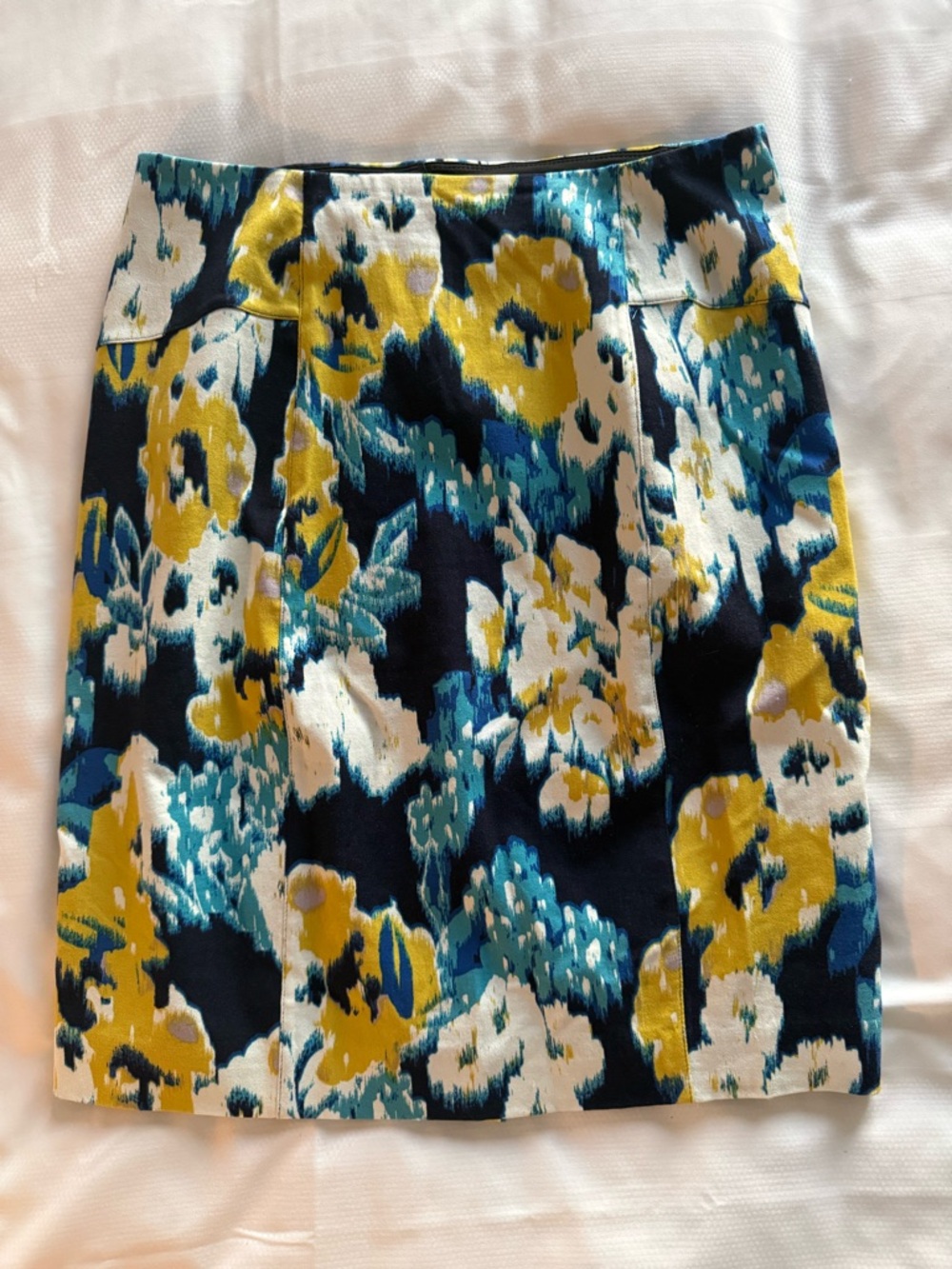Lysse Navy Floral Pencil Skirt with Mustard & Teal Accents
